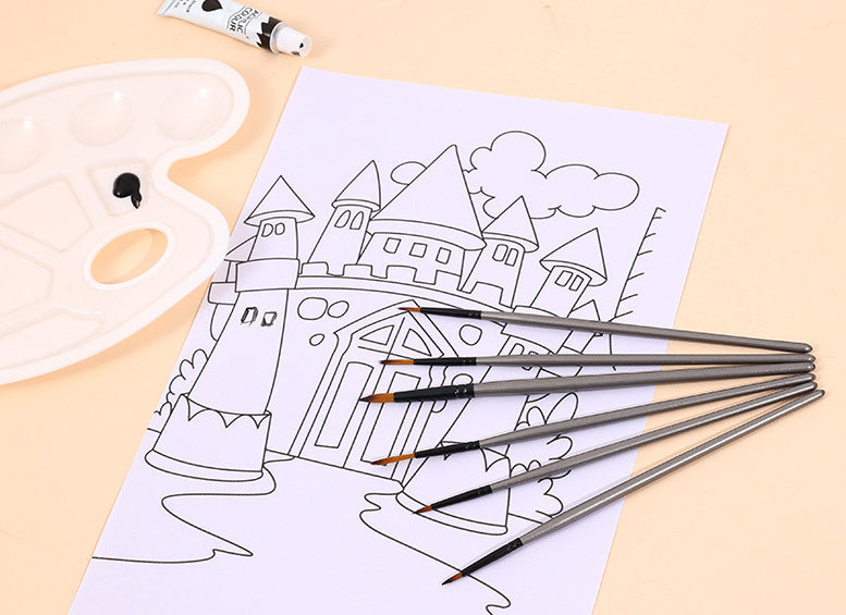 6 Pieces Suit Nylon Hair Brush Hook Line Silver Wooden Pole Student Diy Sketch Painting Mark